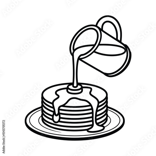 Stack of pancakes with syrup pouring from pitcher