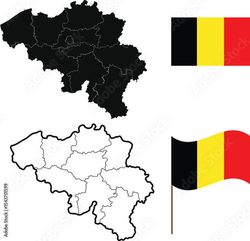 Print Belgium black and outline map with two flag styles – flat and circle – minimalist patriotic vector design on white and black background