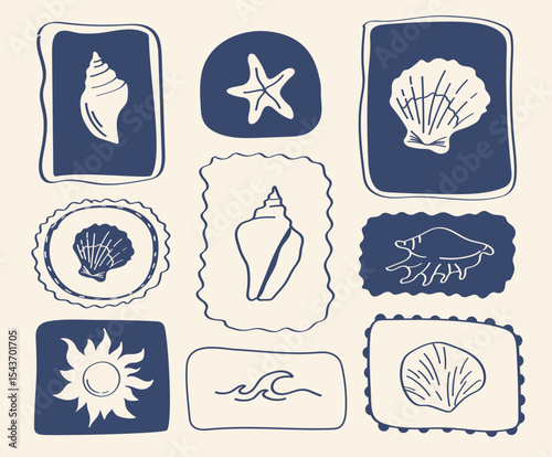 Hand-drawn beach element set with shells, starfish, flower, waves and sun ocean-themed vector illustrations in soft vintage colors for coastal design.