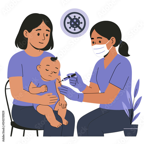 child vaccination, baby immunization, mother and baby, nurse illustration, healthcare for children, infant vaccine, doctor and child, mother love, flat style medical, health safety, nurse and baby, va