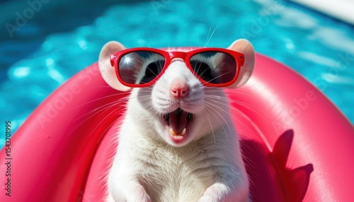 A white rat wearing red sunglasses relaxes on a pink inflatable float in a swimming pool. The water is bright blue and reflects sunlight.