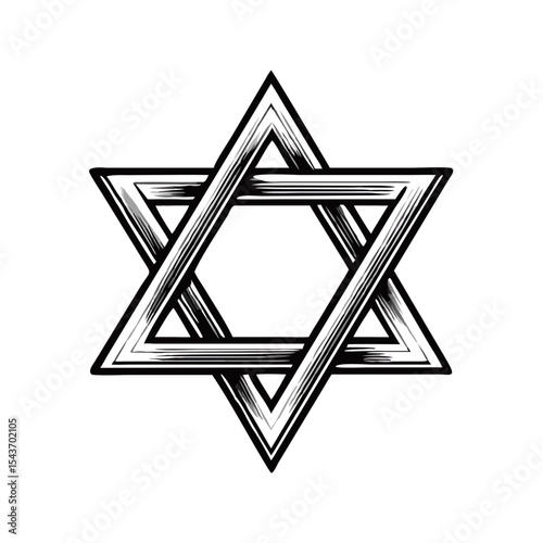 Star of David with engraved line texture in black and white, traditional Jewish symbol in vintage style. Concept: Judaism identity, religion emblem, cultural heritage.