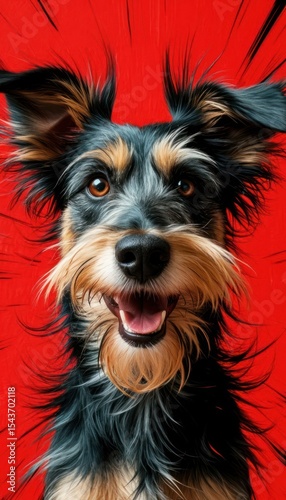 A small mixed-breed dog with black and tan fur, smiling against a bright red background. The dog has a playful expression and fluffy ears.
