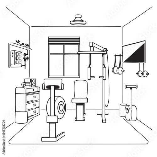 Home gym and personal fitness equipment design vector concept black and white illustration.