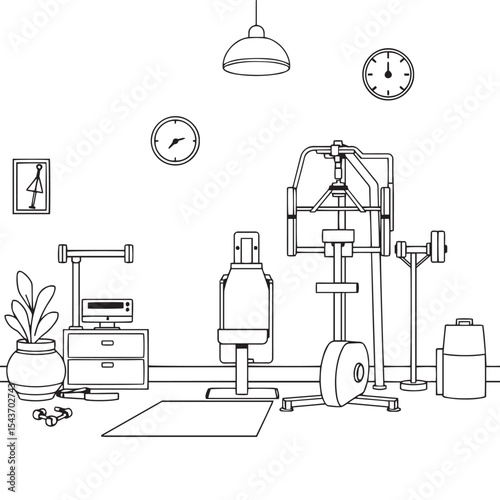 Home gym and personal fitness equipment design vector concept black and white illustration.