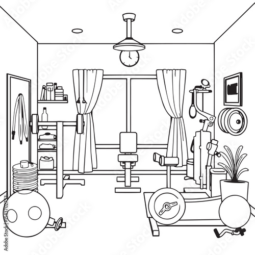 Home gym and personal fitness equipment design vector concept black and white illustration.
