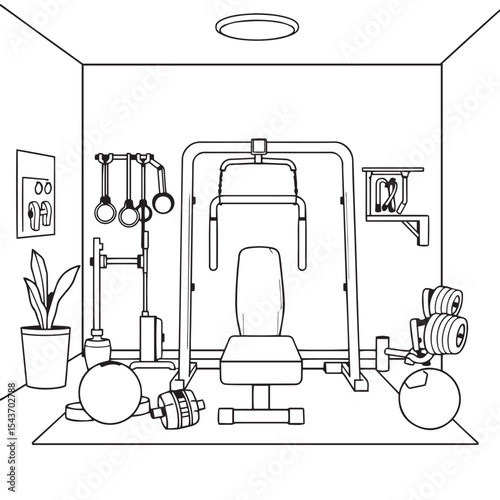 Home gym and personal fitness equipment design vector concept black and white illustration.