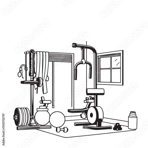 Home gym and personal fitness equipment design vector concept black and white illustration.