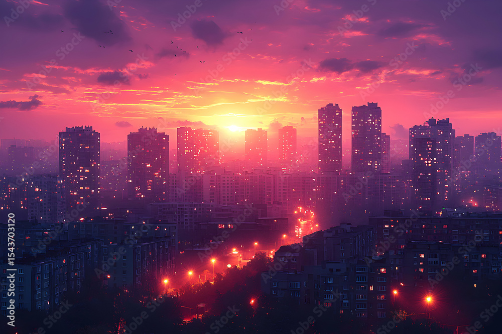 Obraz premium Cityscape at Dusk with Towering Buildings and Vibrant Sky