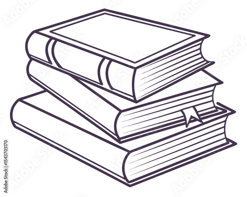 Illustration of a stack of three books with visible spines and a bookmark in the middle book design is simple