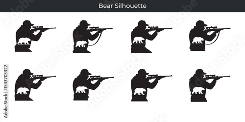 Silhouette of a hunter aiming a rifle with a bear symbol in a series of illustrations