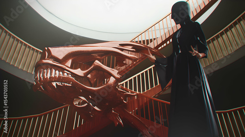 Person Standing Near Wooden Sculpture on Staircase in Modern Building