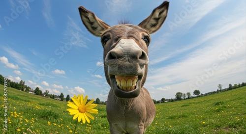 A humorous portrait of a donkey, captured with a wide-angle lens in a sunny meadow