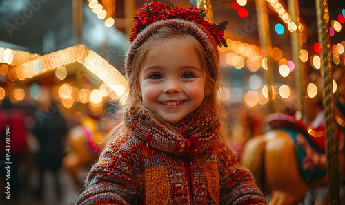 Smiling Girl Enjoying Carousel Ride at Festive Holiday Celebration