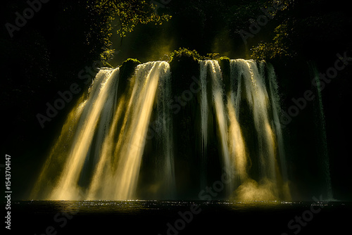 Majestic Waterfall Flowing in a Lush Forest with Golden Sunbeams