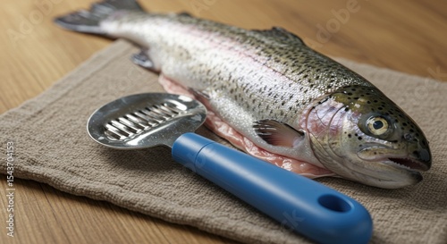 Freshly caught rainbow trout on a kitchen towel with a fish scaler tool