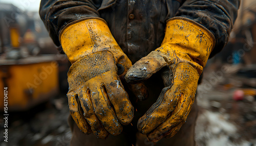 Holding Dirty Work Gloves in an Industrial Setting Ready to Work