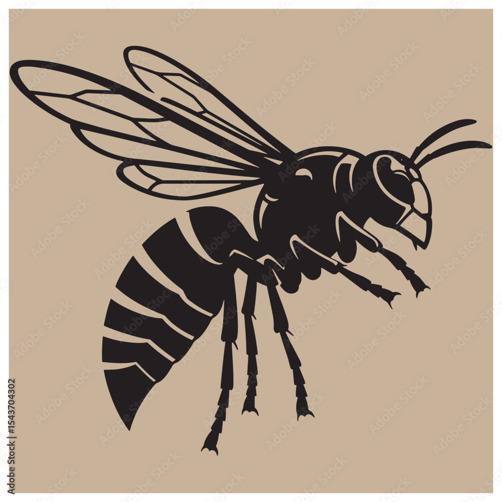Obraz premium Black and white illustration of a wasp or hornet in flight against a tan background