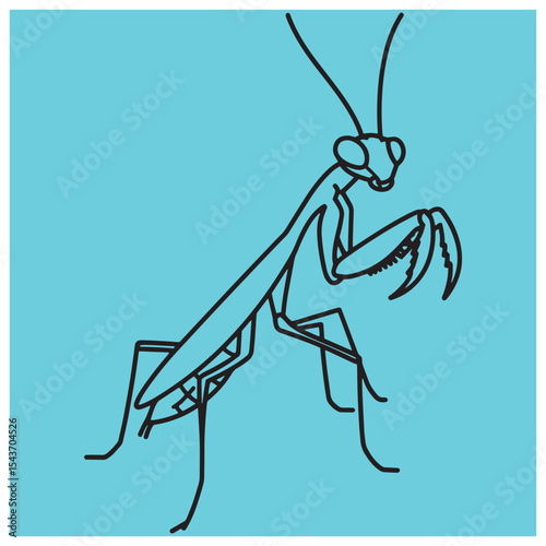 Black outline praying mantis insect illustration against blue background for creative projects