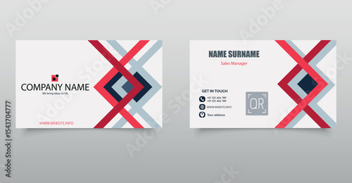 Professional business card layout featuring dynamic red, navy, and gray geometric shapes on a white background. Suitable for corporate branding, personal identity, or sales professionals