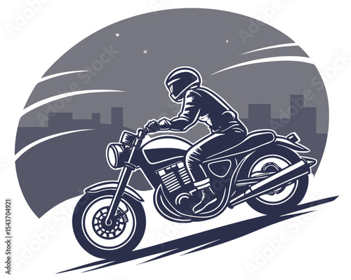 Motorcyclist riding on a motorcycle with a helmet in front of a city skyline at night with stars