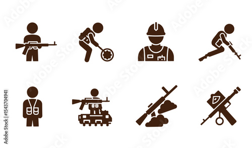 Brown silhouette icon set depicting soldiers in action with various weapons and equipment