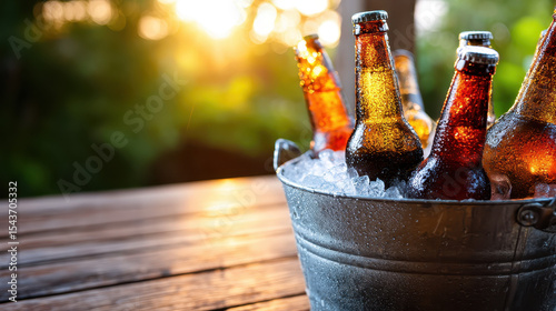 Refreshing Beer Bottles in Ice Bucket with Condensation Under Natural Light in Outdoor Setting