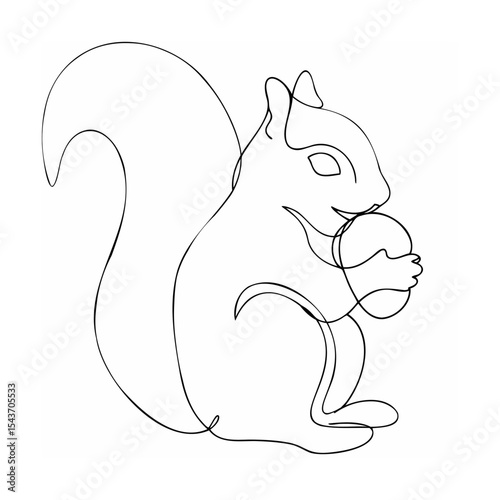 Single Line Art Squirrel Holding Acorn Black White