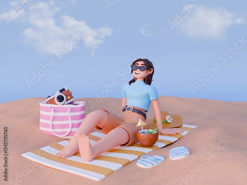 3D Summer vacation on the beach. Young girl relaxes sitting on towel on sand. Beach bag with camera near. Clouds on sky background. 3D illustration