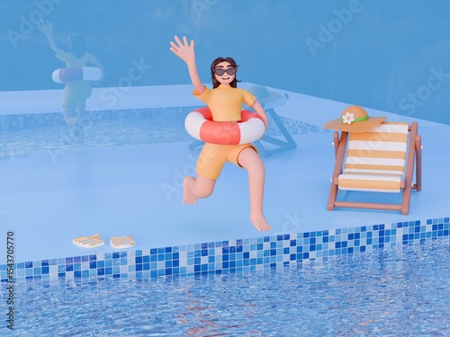 3D Scene in the Pool. 3D Girl with Inflatable Ring Jumps into the Water. Summer Vacation and Activities. Folding chair with Hat