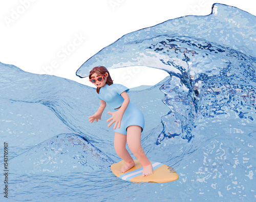 3D Summer Scene Girl Surfing. 3D Character on Surfboard in Ocean. Design for Summer Travel Posters