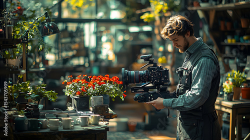 Man Holding Camera Rig Filming in Workshop Surrounded by Plants