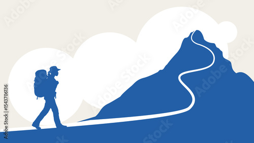 road to success, woman hiking to mountain peak – minimalist illustration with copy space, banner template