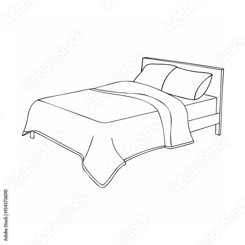 Single Bed Line Art Drawing Two Pillows White Bedding