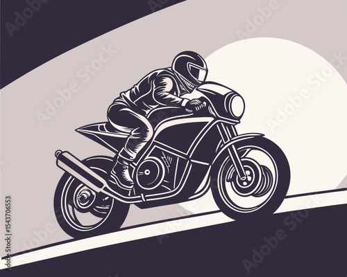 Illustration of a motorcyclist wearing a helmet riding a motorcycle on a road with a light background