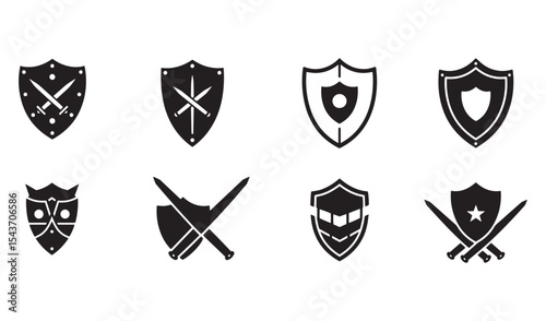 Collection of vector shield and weapon emblems representing defense and protection concepts