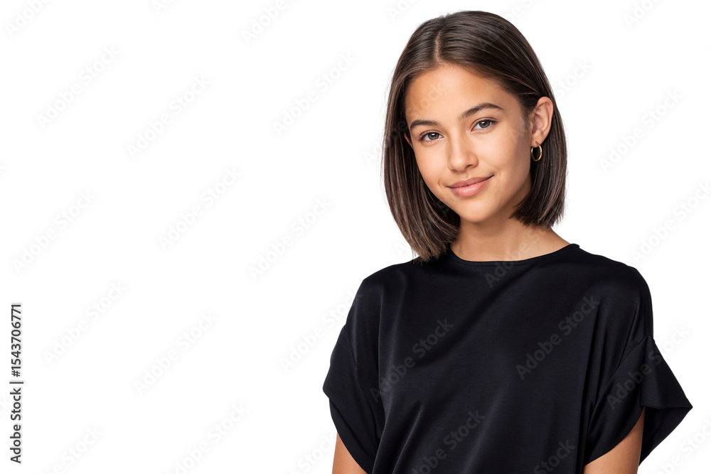 Portrait of a young girl model with a confident and gentle expression, wearing a black top, isolated on transparent background, ideal for fashion, youth, or lifestyle concepts Portrait of a young girl model with a confident and gentle expression, wearing a black top, isolated on transparent background, ideal for fashion, youth, or lifestyle concepts