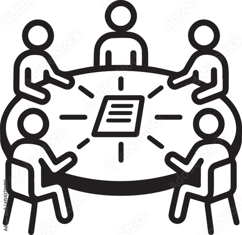 Team Meeting Around Table: A group of people sit around a table, engaged in discussion.  A document is placed in the center.