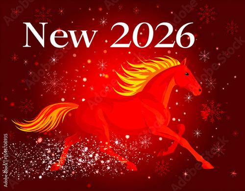 Red Fire Horse against the background of New Year's fireworks and sparks - a symbol of 2026 according to the eastern calendar. AI, Illustration, Generation, Generated image.