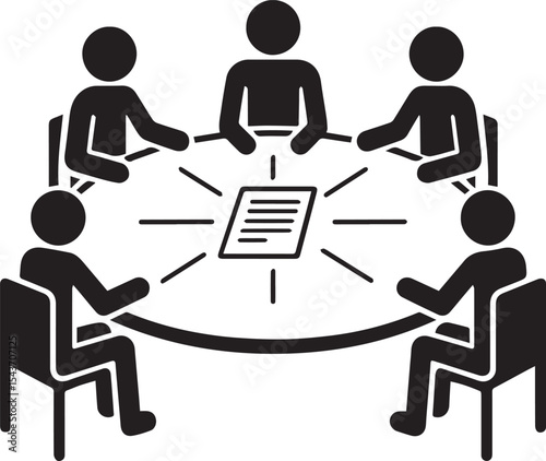 Meeting Icon: An inclusive illustration representing a meeting, with silhouetted figures gathered around a table, signifies teamwork and group engagement. 