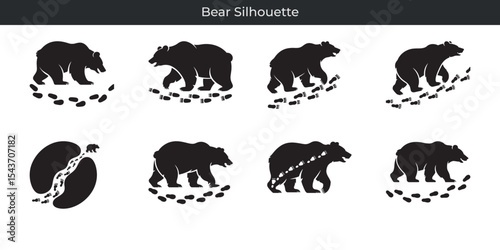 Black bear silhouettes with paw prints illustrating movement and tracking on a white background