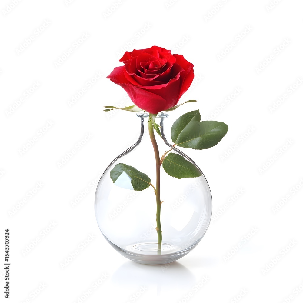 Fototapeta premium Single Red Rose in Clear Glass Vase: Elegant Floral Arrangement