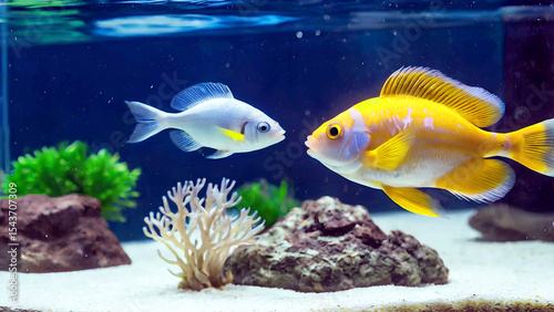 Two tropical fish swimming in a home aquarium tank