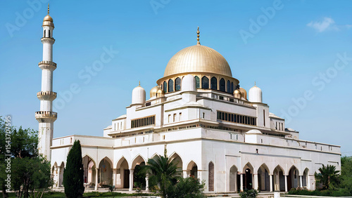 Grand Mosque with Golden Dome, White Walls, and Tall Minaret under a Clear Blue Sky