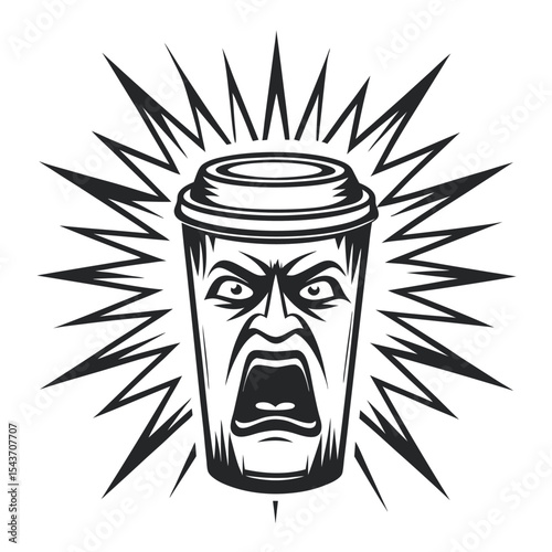 Angry Coffee Cup Cartoon with Explosive Energy Illustration: A monochrome vector graphic showcasing a coffee cup with an angry face and a burst of energy lines.