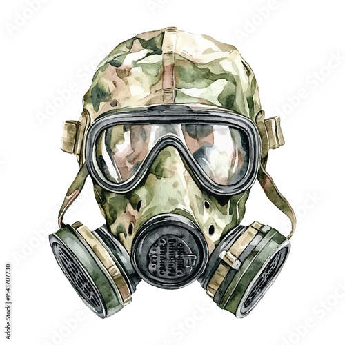 Camouflage gas mask watercolor illustration isolated on transparent background vector png for microstock platforms