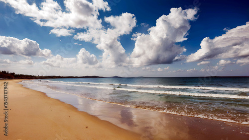 Serene coastal beach scene with gentle waves under a vibrant blue sky abundant with fluffy white cumulus clouds