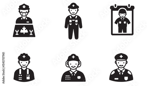 Monochrome vector illustrations depicting various professions including doctor, firefighter, and police officer