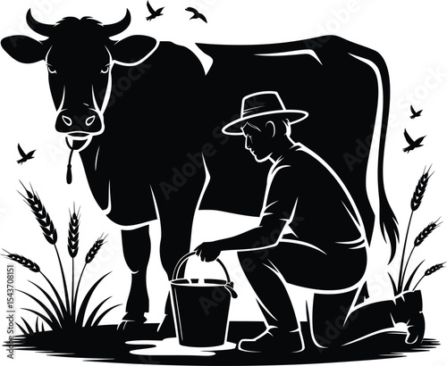  Vector Farmer Milking Cow Silhouette, Rural Farm Scene with Wheat and Birds.