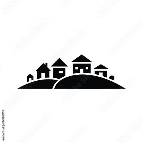 Simple black silhouette of houses on a hill